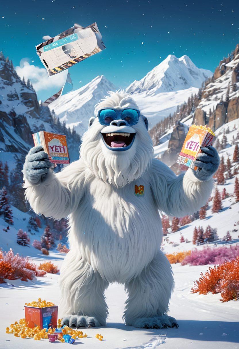 A whimsical yeti character excitedly holding a movie poster in one hand while a film reel spills out colorful film strips around him. In the background, a snowy mountain landscape dotted with various film cameras and popcorn. The yeti wears quirky glasses and has an expressive face, conveying enthusiasm for the film industry. The scene emphasizes the magic of movies in a playful, snowy environment. vibrant colors. cartoonish style.