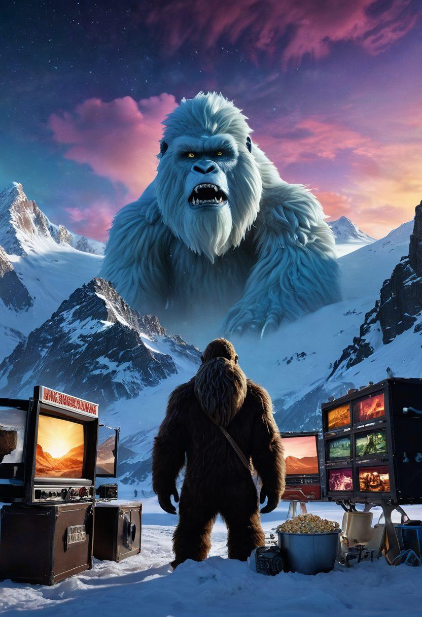 A dynamic scene showcasing a rugged mountain landscape with a mystical Yeti emerging from behind a snow-covered peak, surrounded by film reels, trailers, and cinematic elements like clapperboards and popcorn. The sky alight with vibrant auroras to evoke a sense of wonder and excitement for film lovers. Add futuristic elements like glowing screens displaying movie trailers in the foreground. super-realistic. vibrant colors. dramatic lighting.