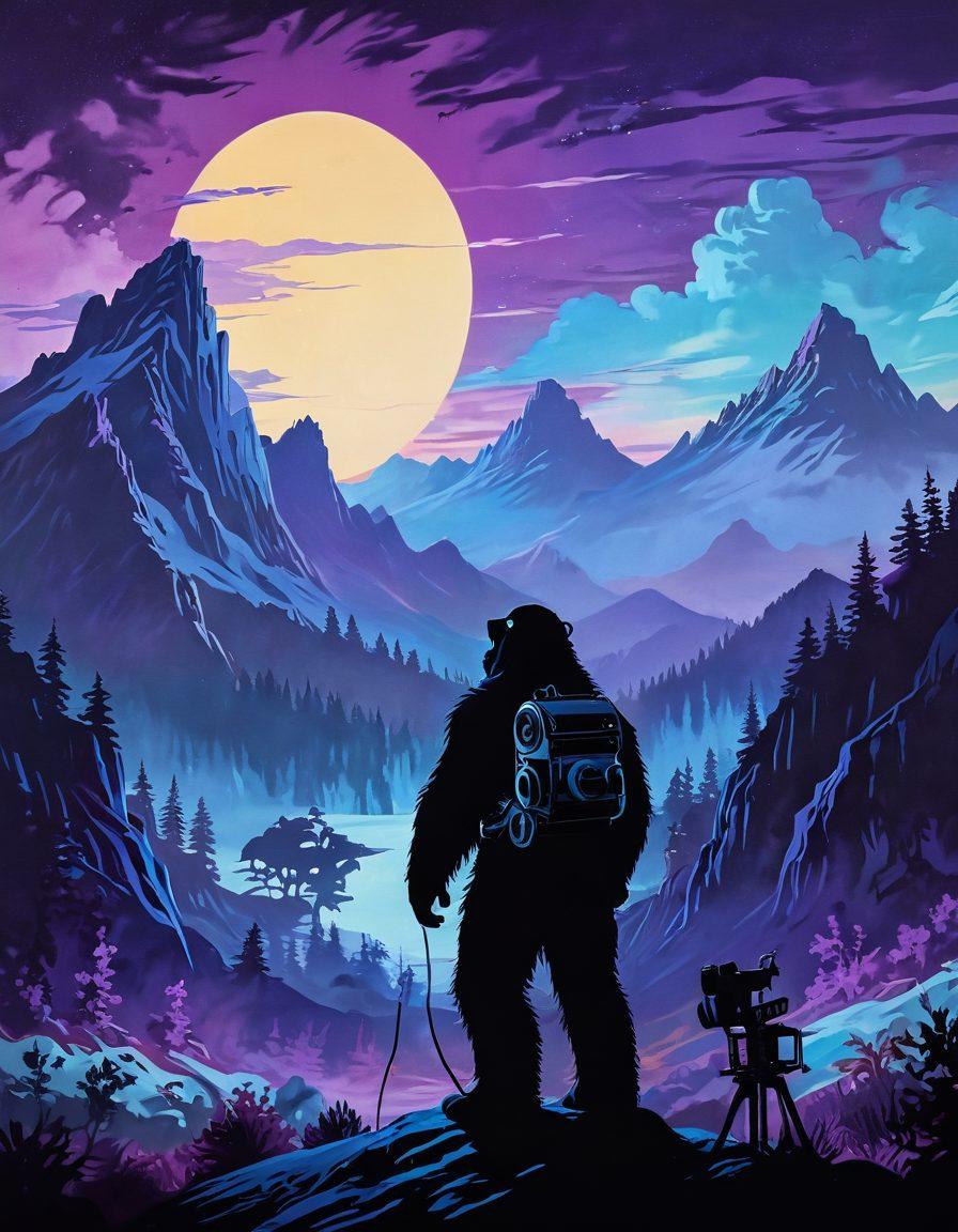 A mystical mountain landscape at dusk, with a silhouette of a yeti figure gazing at a large, vintage film reel projecting scenes of iconic movies into the sky. Surrounding the yeti are whimsical, glowing film-related elements like popcorn, cameras, and film strips, blending nature with cinema. Use rich blues and purples to create an enchanting atmosphere. artistic painting. vibrant colors. fantastical elements.